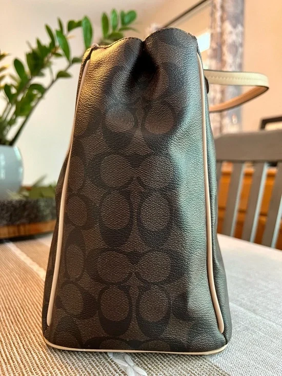 🤎Coach Signature Brown Canvas Tote Tan Leather Trim Shoulder Bag Zip Top - Picture 9 of 16